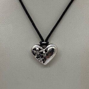Brighton Silver Heart Floral Pendant Necklace in Black Cord
